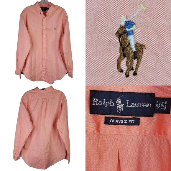Polo Ralph Lauren Oxford Button Down Up Shirt LS Orange Mens Size L 16.5 Flaw - Picture 1 of 10